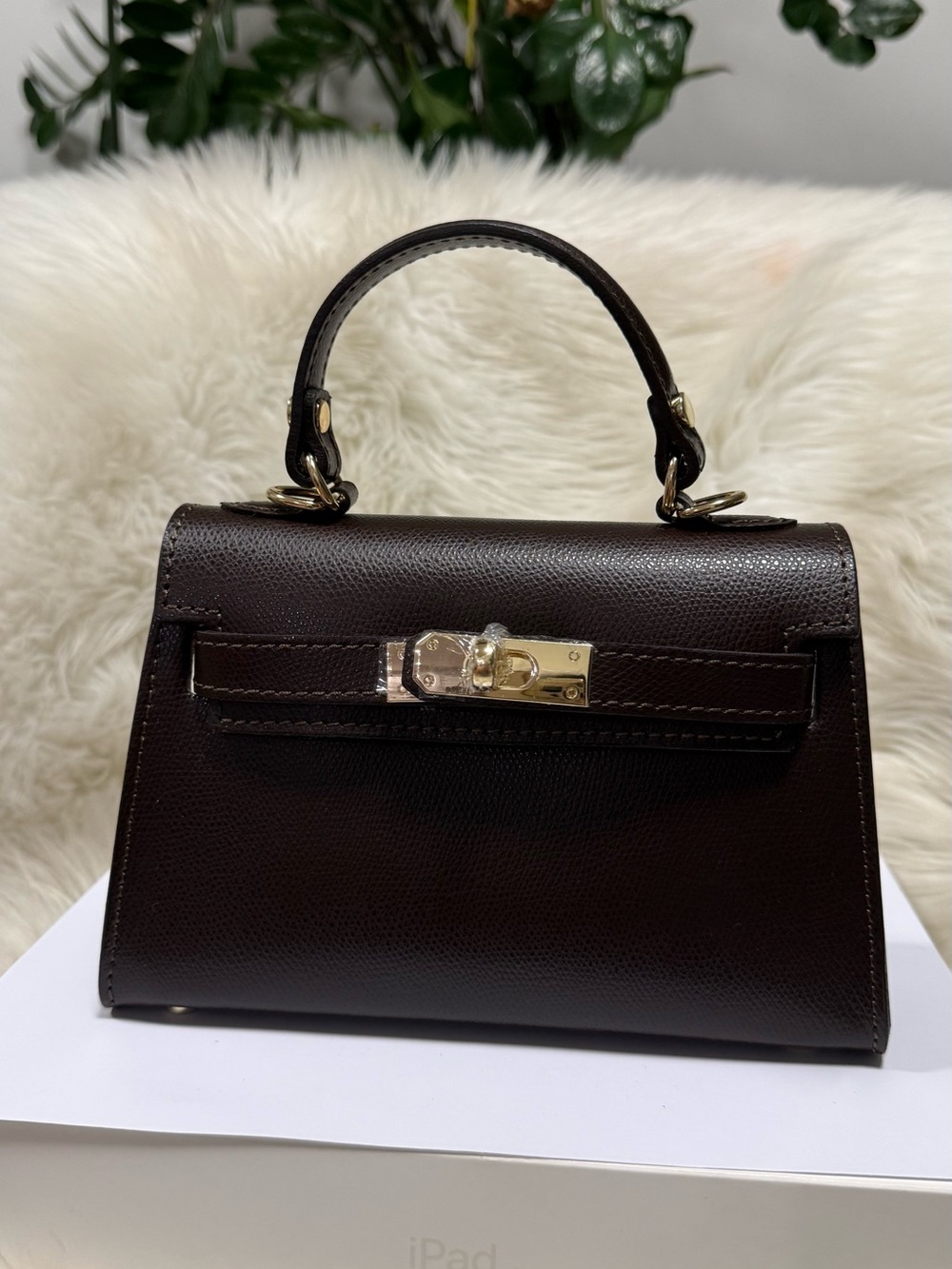 Genuine Italy Leather Structured Top Handle Bag 2 Way Coffee Mink - Picture 3 of 7
